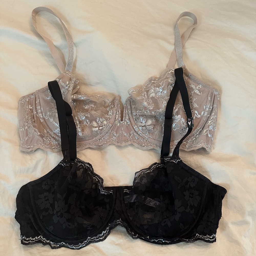 2 Victoria’s Secret unlined lace balconette bras. One black, one pale nude. 38D